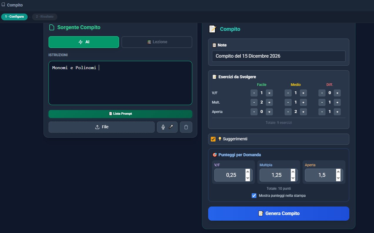 Configurazione Compito — sorgente AI, esercizi per difficoltà, punteggi
